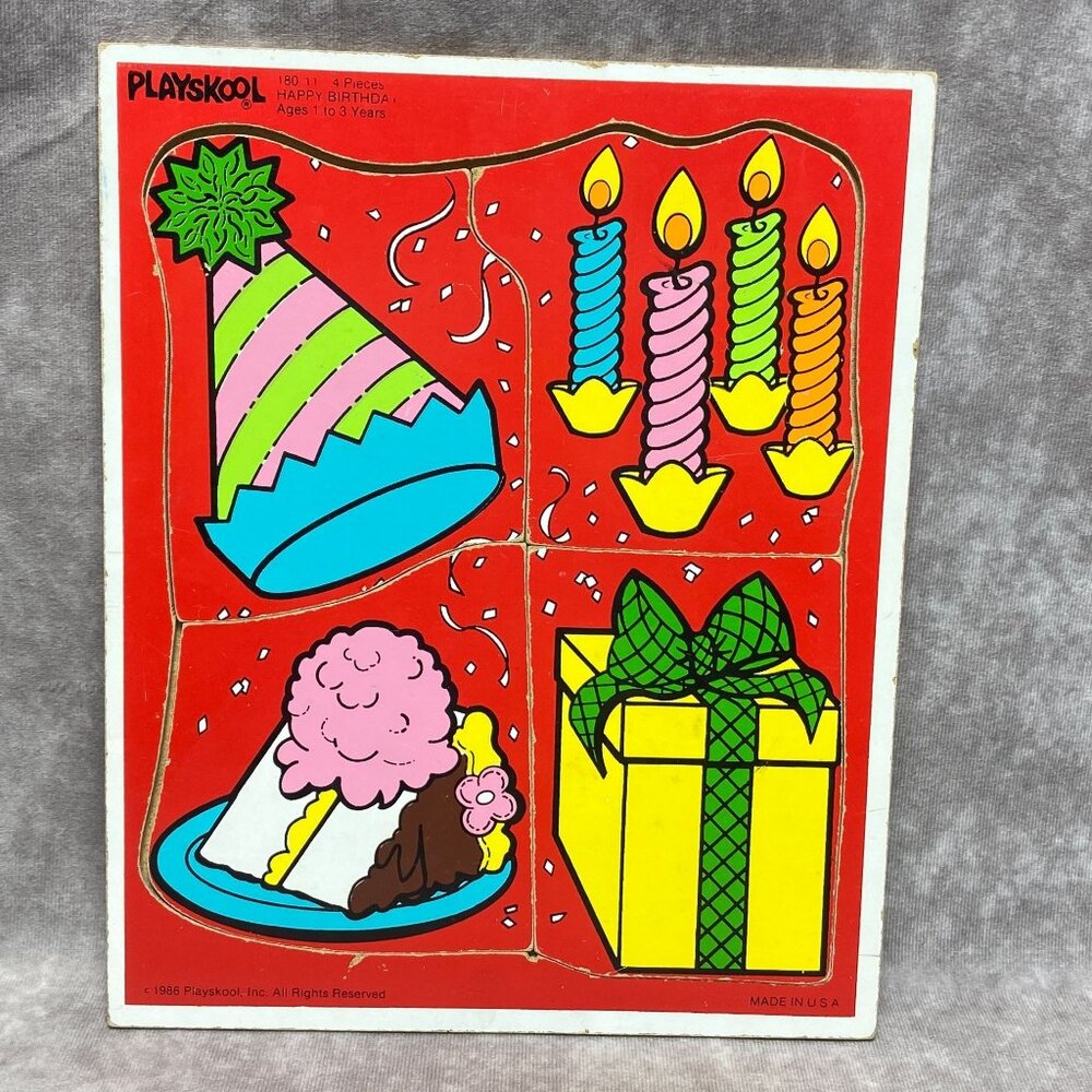 Vintage Playskool 1986 Happy Birthday Wooden Puzzle - 4 Pieces - Ages 1-3 Years
